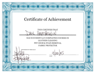 Certificate of Achievement in Leather Cleaning, Pet Odour & Stain Removal, and Fabric Protection
