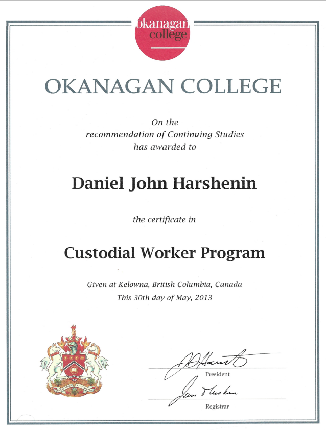 Custodial Workers Certificate from Okanagan College
